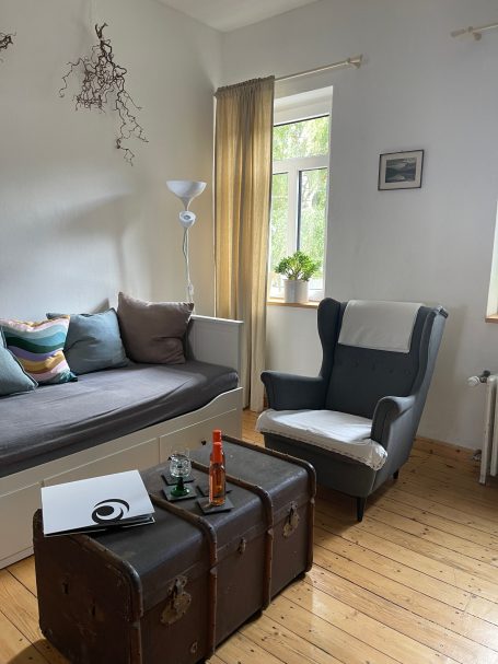 Wohnzimmer mit Schlafsofa und Sessel Gemütlicher Wohnraum mit Sofa, Sessel, Tisch und Pflanzen im Fenster.