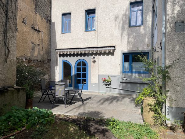 Blick vom Garten auf den Essbereich auf der Terrasse Hinterhof mit blauen Fenstern, einer Terrassensitzgruppe und Pflanzen.