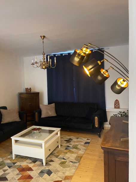 Wohnzimmer mit 2 Schlafsofas Gemütlicher Wohnbereich mit schwarzem Sofa, Teppich und moderner Beleuchtung.