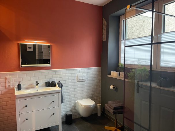 Badezimmer mit großem Fenster zum Garten Modernes Badezimmer mit roter Wand, Waschbecken, WC und verglaster Duschkabine.