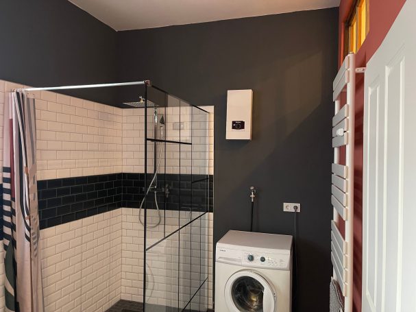 barrierrefreie Dusche und Waschmaschine Badezimmer mit Dusche, Waschmaschine und dunkler Wandfarbe.