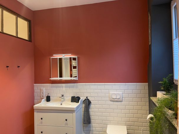 Badezimmer mit Waschbecken und WC Badezimmer mit roter Wand, weißem Waschbecken und Pflanzen auf dem Fensterbrett.